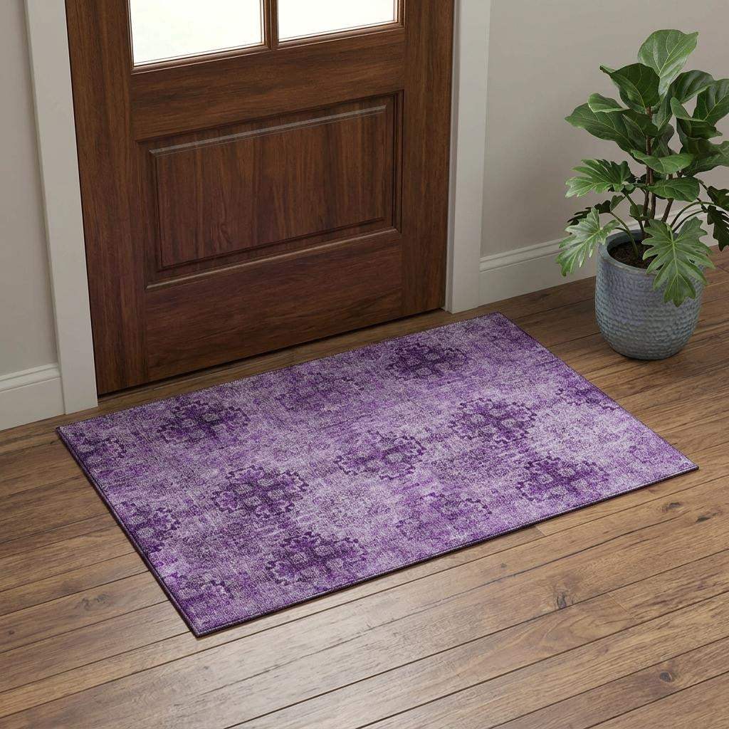 3' X 5' Eggplant And Ivory Floral Medallion Distressed Washable Area Rug With UV Protection - HomeRoots - Flyclothing LLC