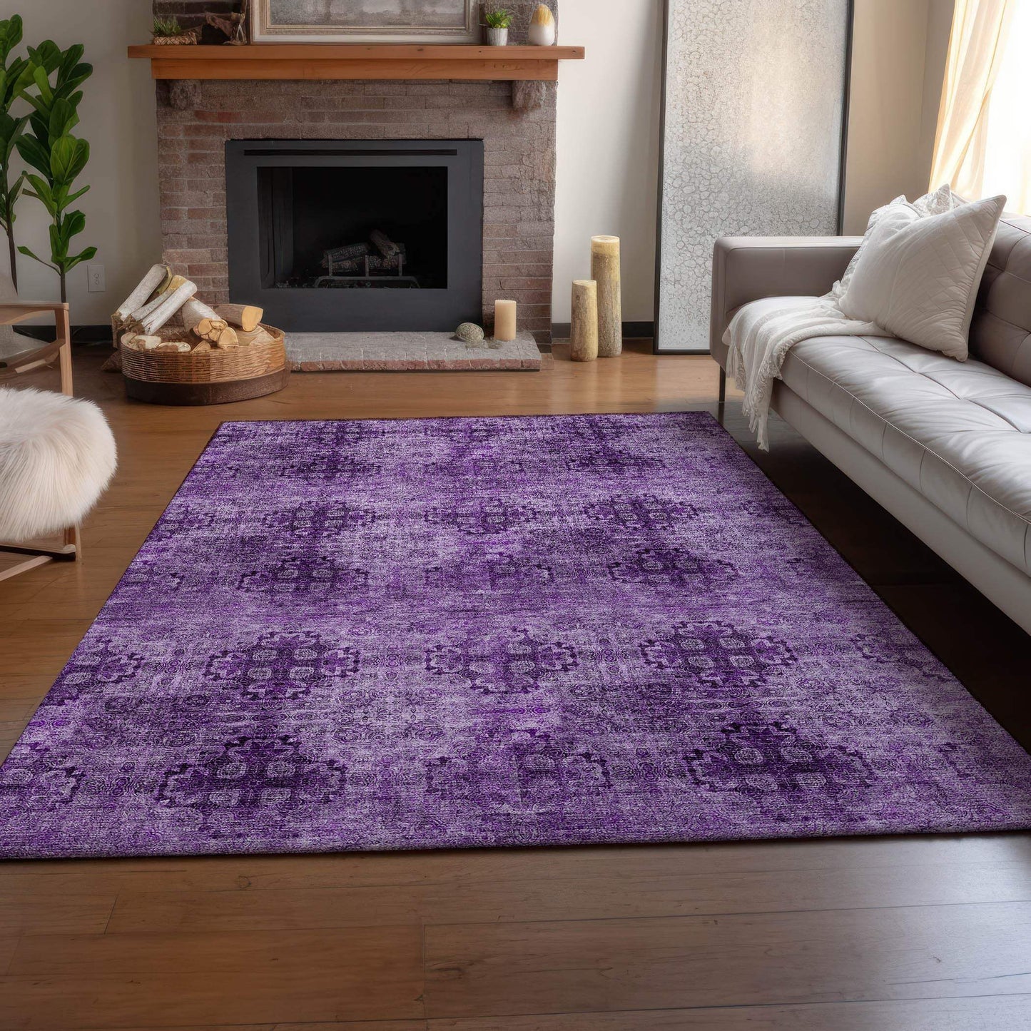 3' X 5' Eggplant And Ivory Floral Medallion Distressed Washable Area Rug With UV Protection - HomeRoots - Flyclothing LLC