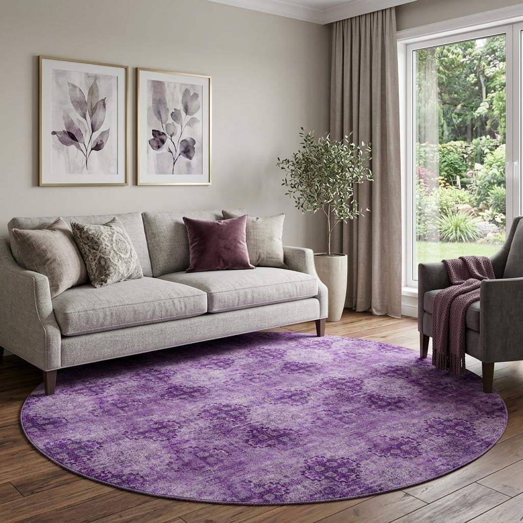 8' Eggplant And Ivory Floral Medallion Distressed Washable Round Rug With UV Protection - HomeRoots - Flyclothing LLC