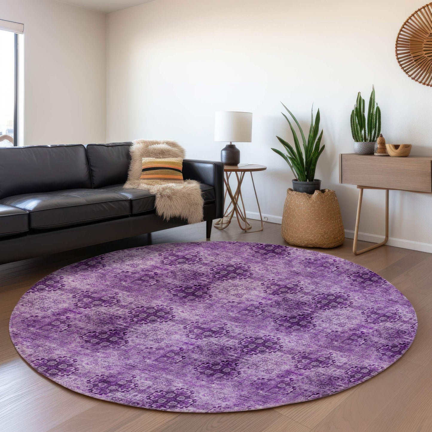 8' Eggplant And Ivory Floral Medallion Distressed Washable Round Rug With UV Protection - HomeRoots - Flyclothing LLC
