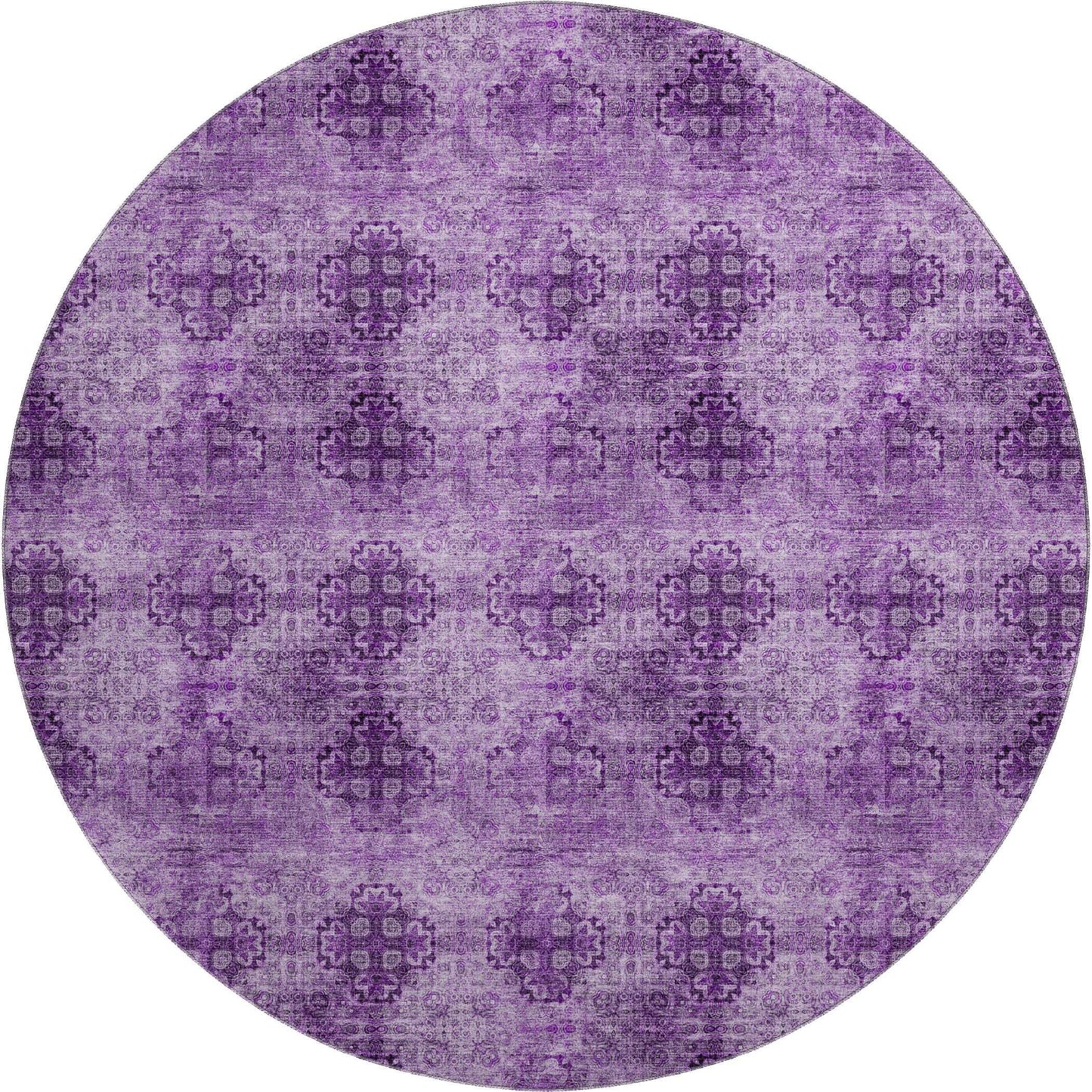 8' Eggplant And Ivory Floral Medallion Distressed Washable Round Rug With UV Protection - HomeRoots - Flyclothing LLC