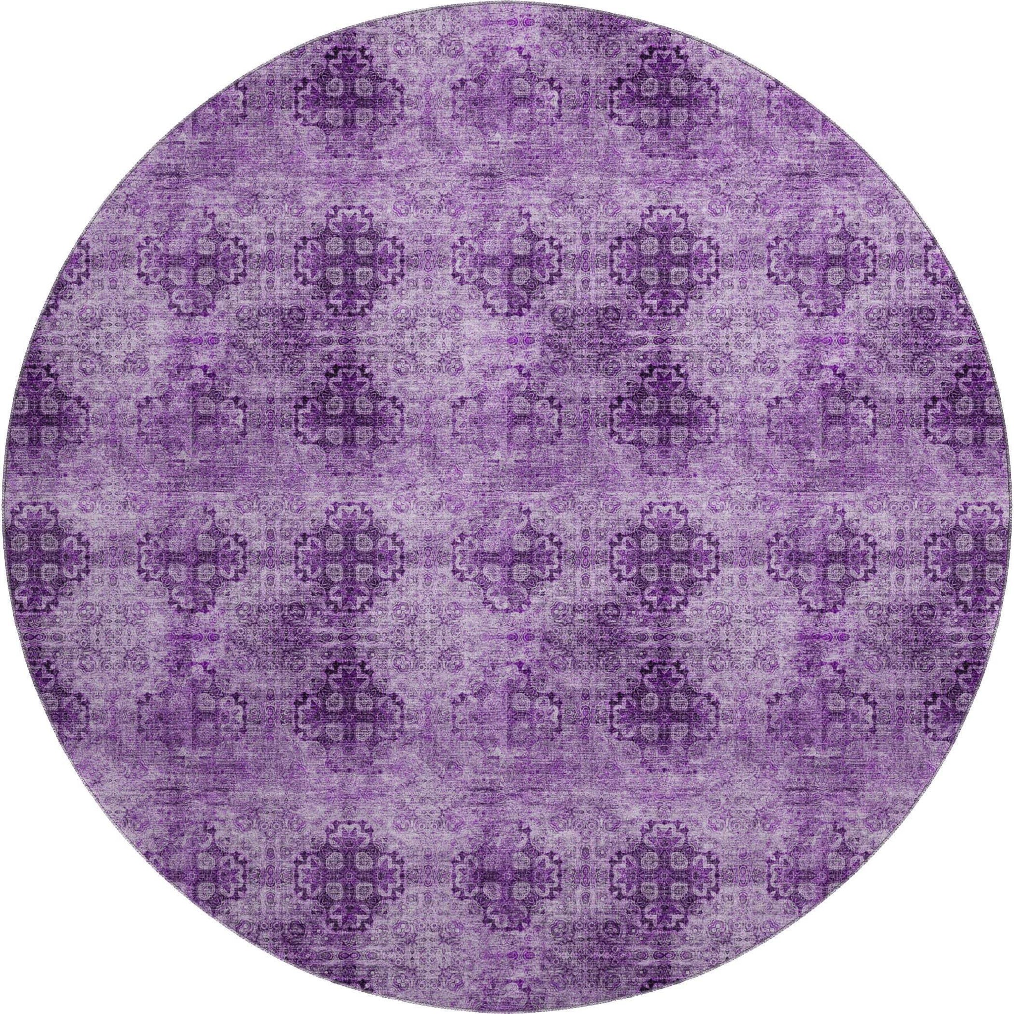8' Eggplant And Ivory Floral Medallion Distressed Washable Round Rug With UV Protection - HomeRoots - Flyclothing LLC