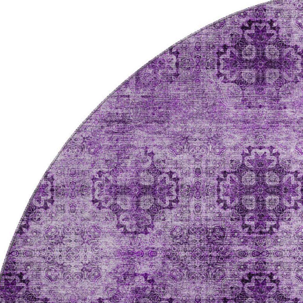 8' Eggplant And Ivory Floral Medallion Distressed Washable Round Rug With UV Protection - HomeRoots - Flyclothing LLC