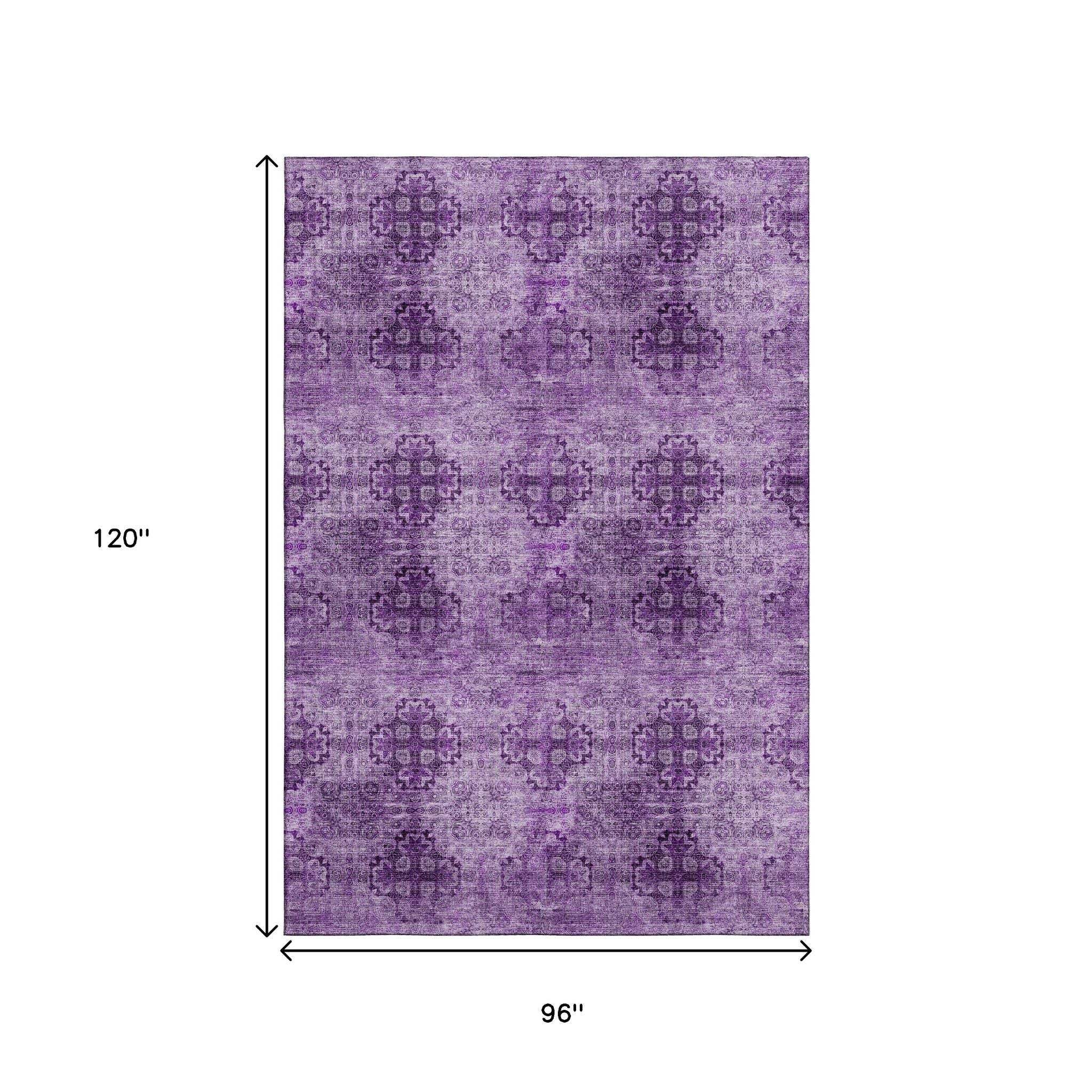 8' X 10' Eggplant And Ivory Floral Medallion Distressed Washable Area Rug With UV Protection - HomeRoots - Flyclothing LLC