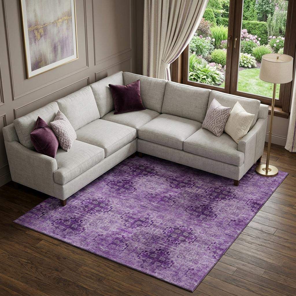8' X 10' Eggplant And Ivory Floral Medallion Distressed Washable Area Rug With UV Protection - HomeRoots - Flyclothing LLC