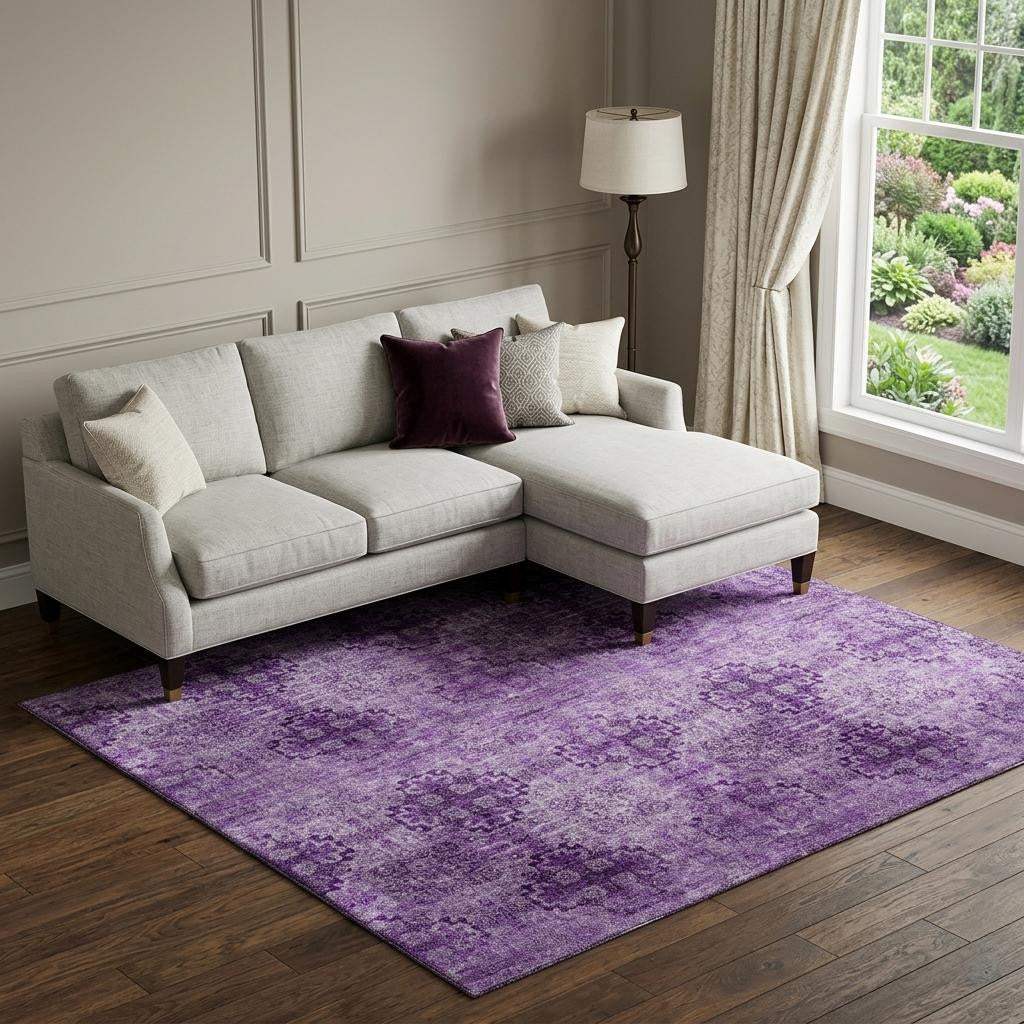 9' X 12' Eggplant And Ivory Floral Medallion Distressed Washable Area Rug With UV Protection - HomeRoots - Flyclothing LLC