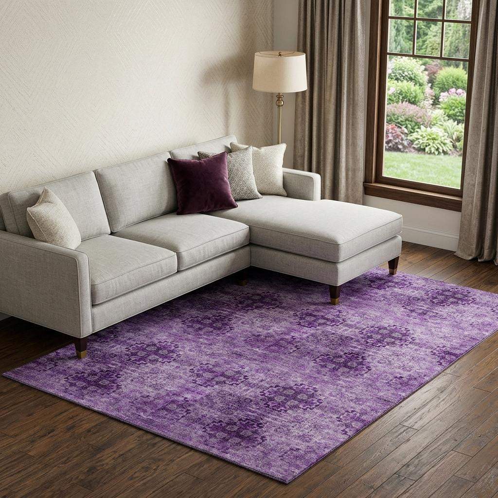 10' X 14' Eggplant And Ivory Floral Medallion Distressed Washable Area Rug With UV Protection - HomeRoots - Flyclothing LLC