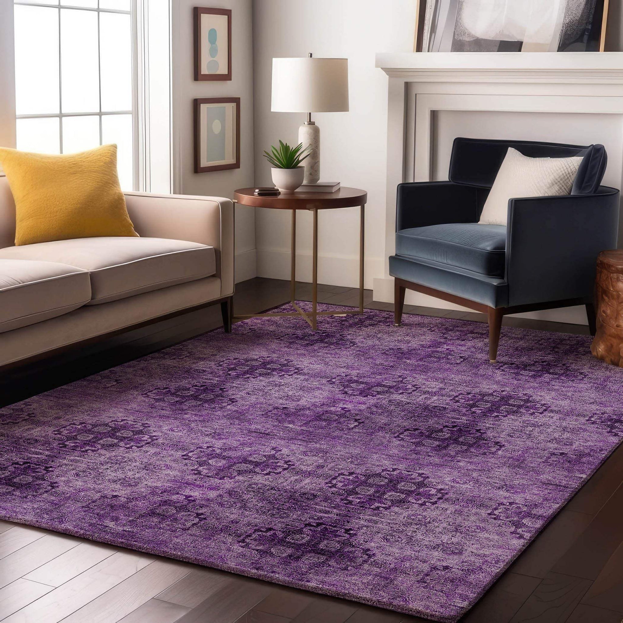 10' X 14' Eggplant And Ivory Floral Medallion Distressed Washable Area Rug With UV Protection - HomeRoots - Flyclothing LLC