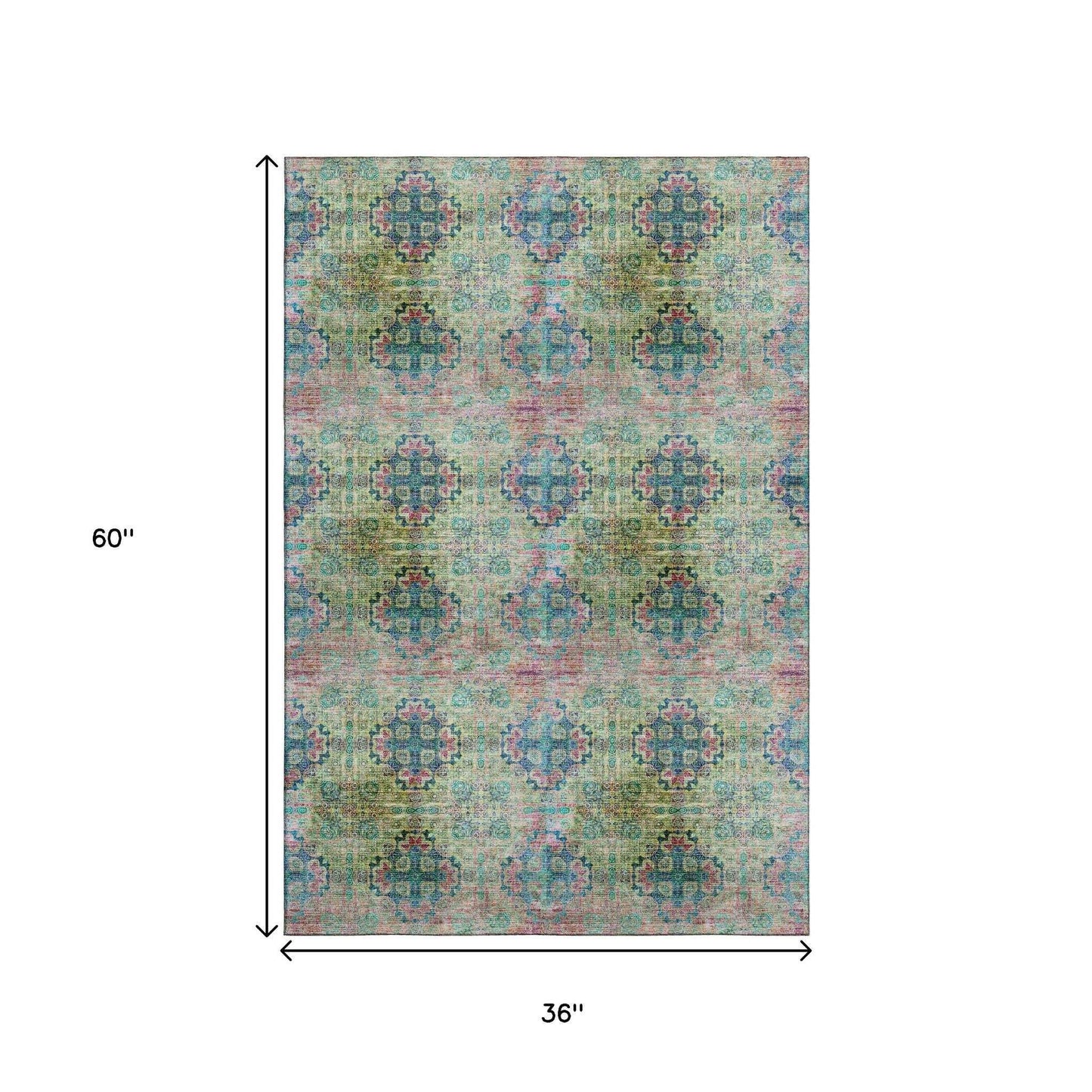 3' X 5' Green Blush And Teal Floral Medallion Distressed Washable Area Rug With UV Protection - HomeRoots - Flyclothing LLC
