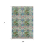 3' X 5' Green Blush And Teal Floral Medallion Distressed Washable Area Rug With UV Protection - HomeRoots - Flyclothing LLC