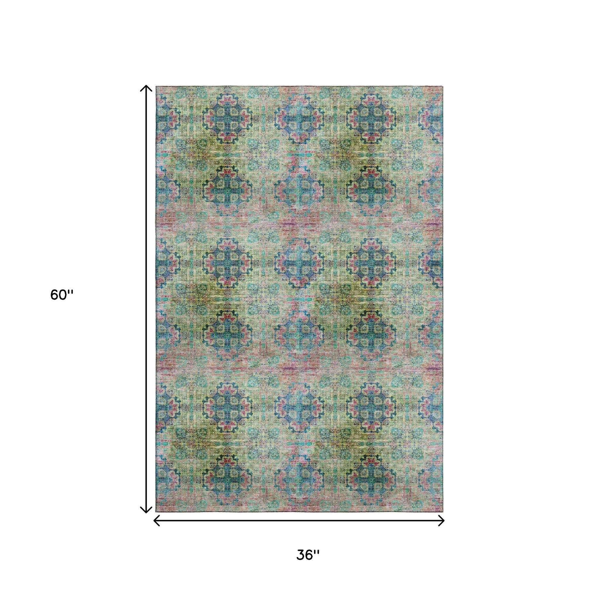 3' X 5' Green Blush And Teal Floral Medallion Distressed Washable Area Rug With UV Protection - HomeRoots - Flyclothing LLC