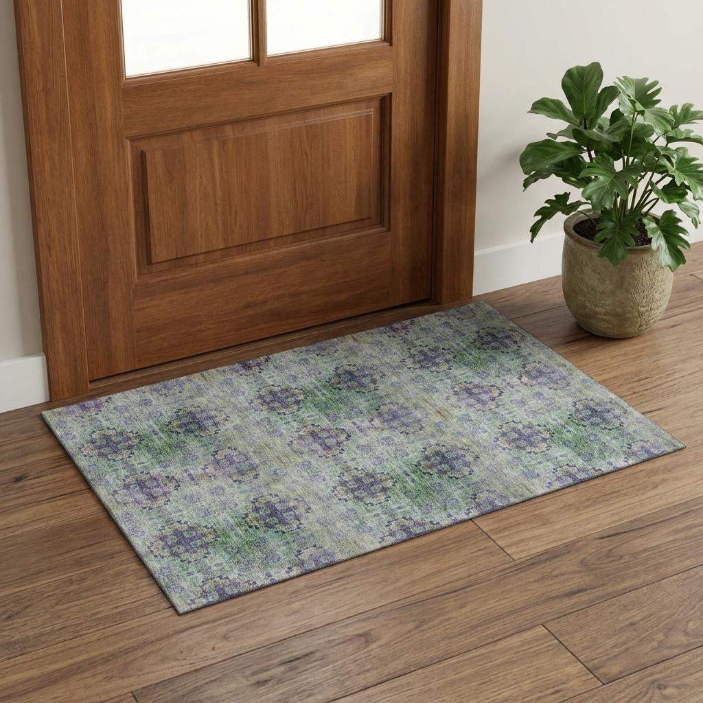 3' X 5' Green Blush And Teal Floral Medallion Distressed Washable Area Rug With UV Protection - HomeRoots - Flyclothing LLC