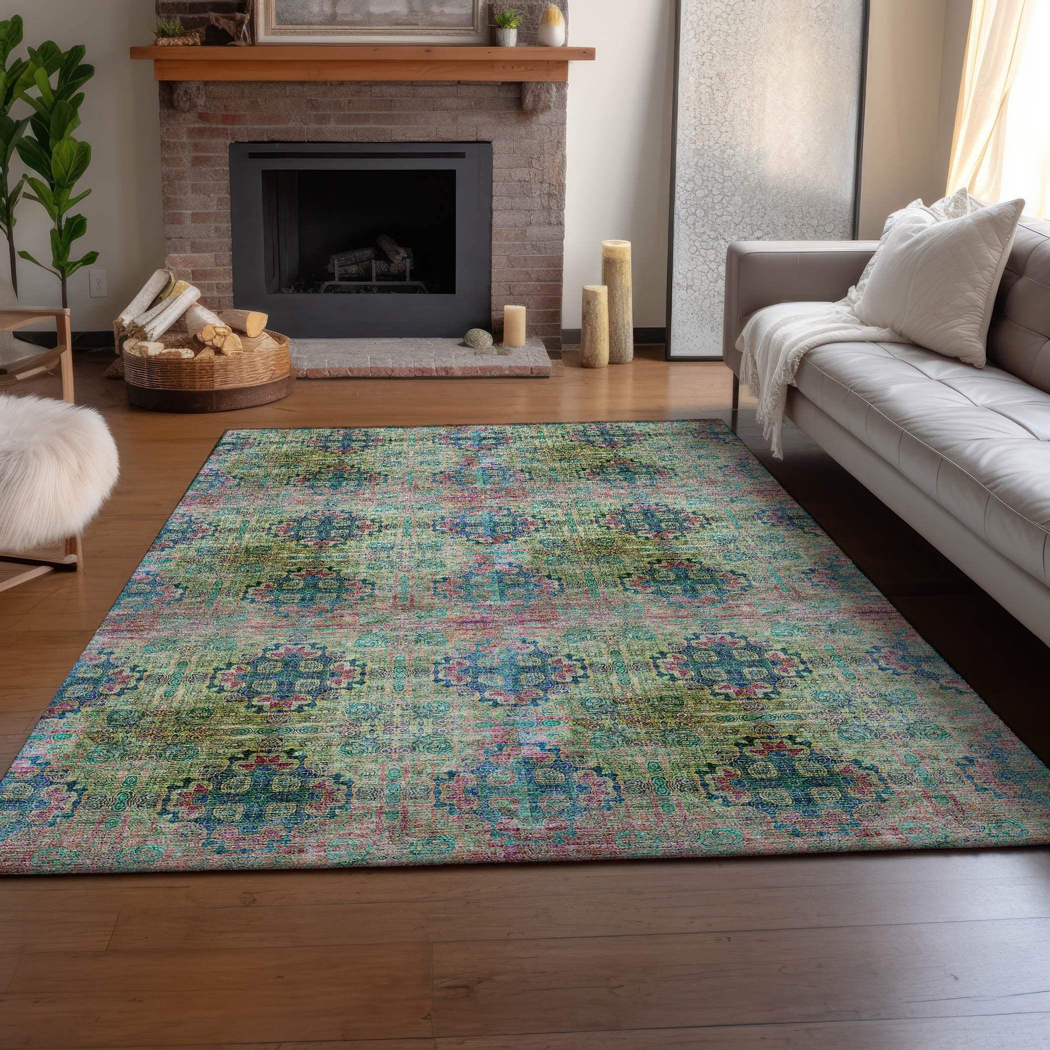 3' X 5' Green Blush And Teal Floral Medallion Distressed Washable Area Rug With UV Protection - HomeRoots - Flyclothing LLC