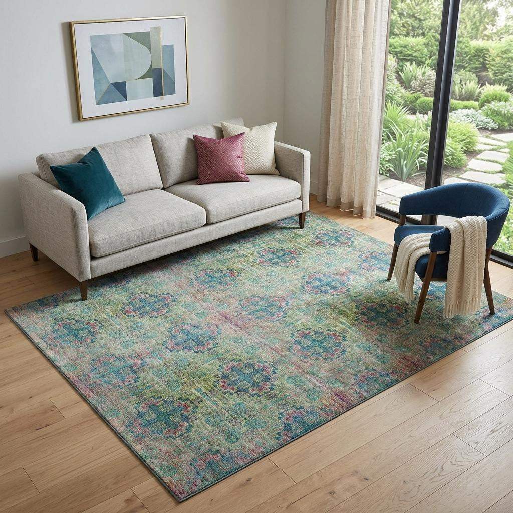 5' X 8' Green Blush And Teal Floral Medallion Distressed Washable Area Rug With UV Protection - HomeRoots - Flyclothing LLC