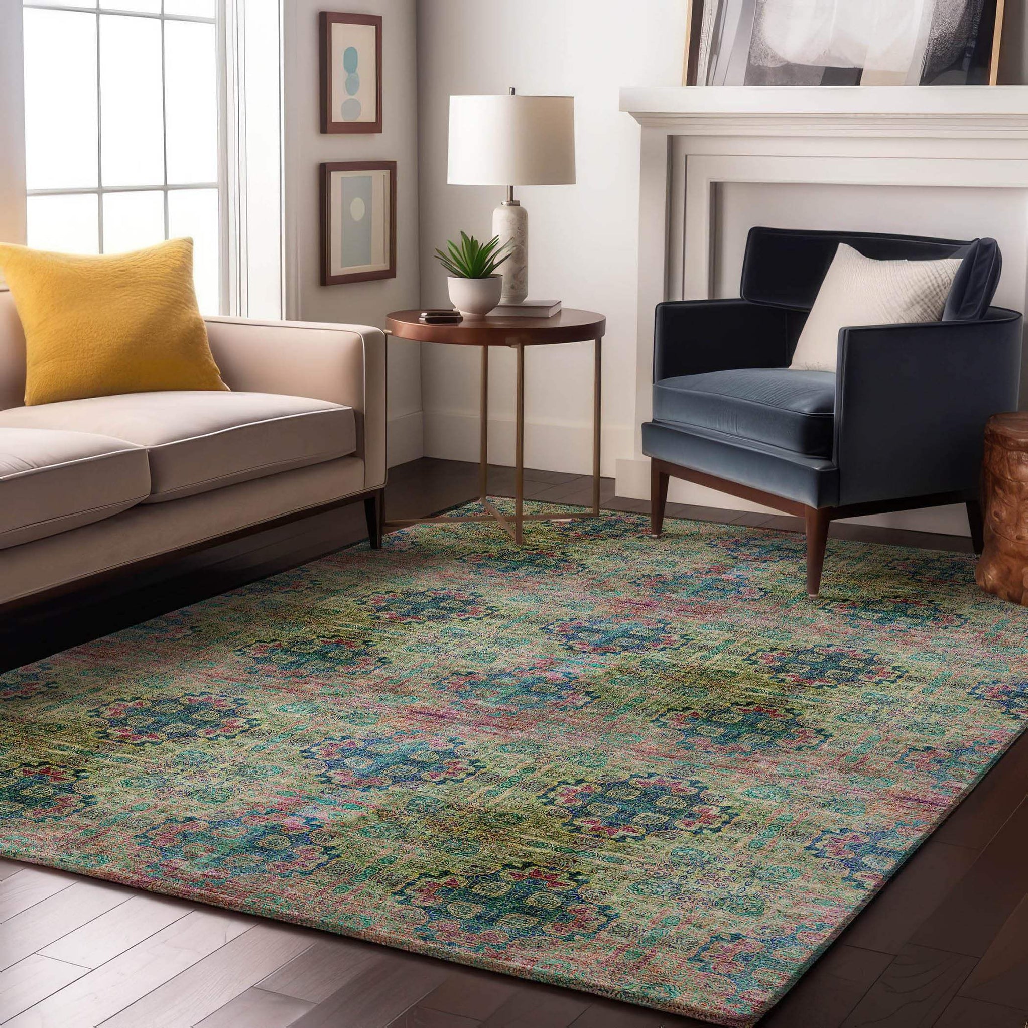 5' X 8' Green Blush And Teal Floral Medallion Distressed Washable Area Rug With UV Protection - HomeRoots - Flyclothing LLC