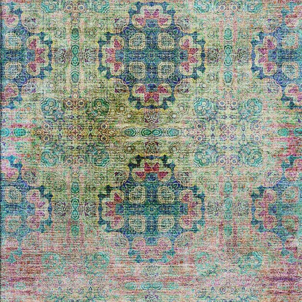 5' X 8' Green Blush And Teal Floral Medallion Distressed Washable Area Rug With UV Protection - HomeRoots - Flyclothing LLC