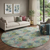 8' Green Blush And Teal Floral Medallion Distressed Washable Round Rug With UV Protection - HomeRoots - Flyclothing LLC