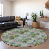 8' Green Blush And Teal Floral Medallion Distressed Washable Round Rug With UV Protection - HomeRoots - Flyclothing LLC