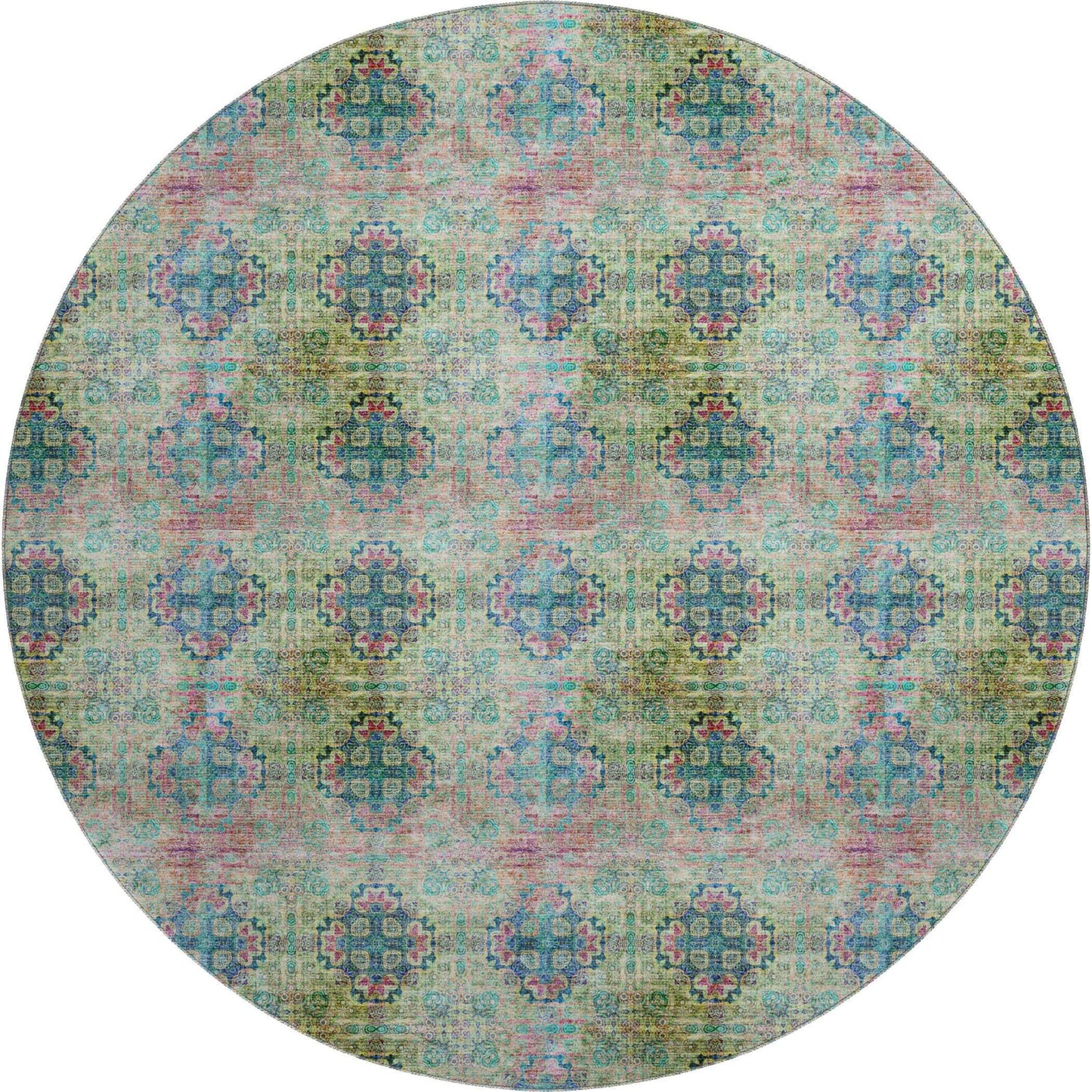 8' Green Blush And Teal Floral Medallion Distressed Washable Round Rug With UV Protection - HomeRoots - Flyclothing LLC