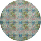 8' Green Blush And Teal Floral Medallion Distressed Washable Round Rug With UV Protection - HomeRoots - Flyclothing LLC