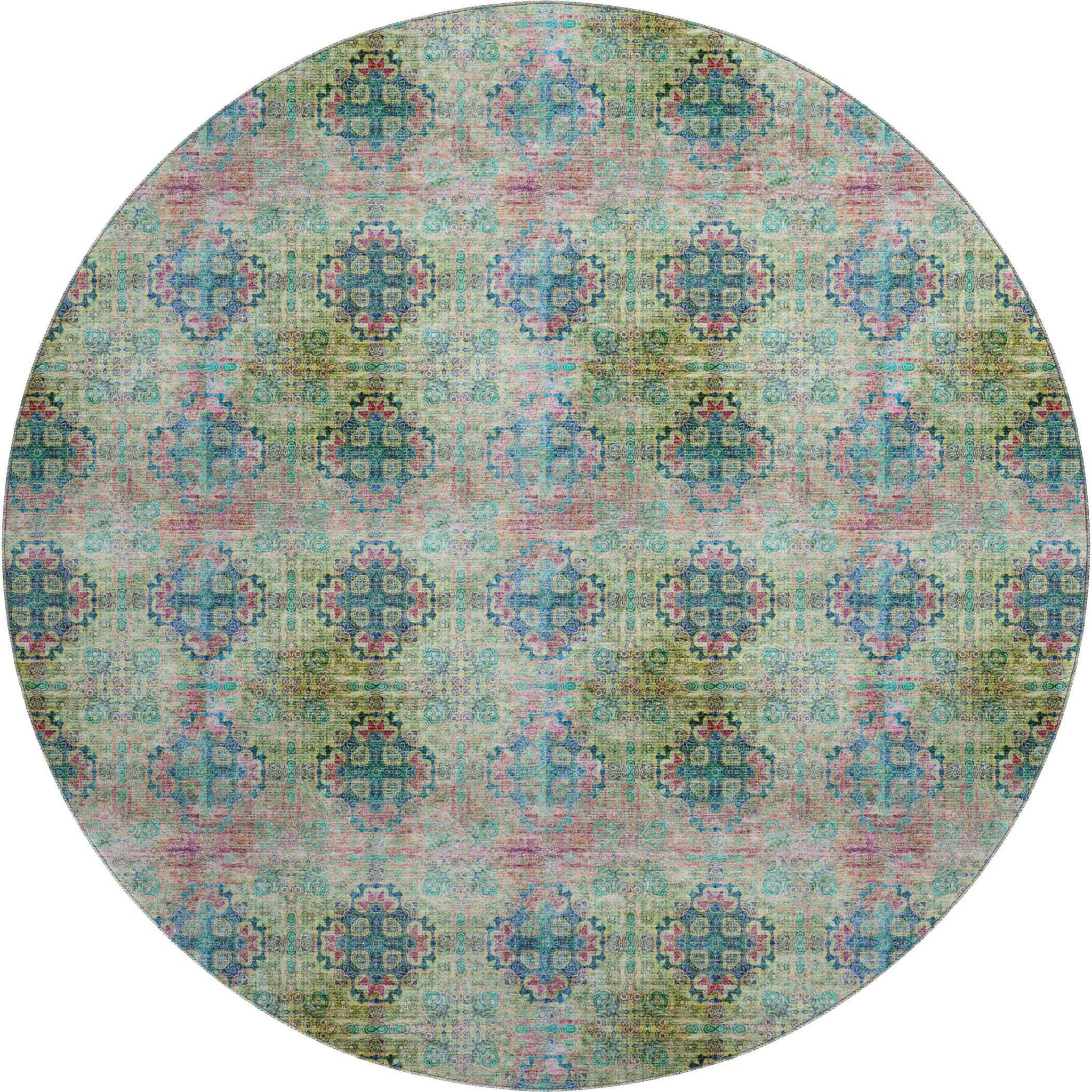 8' Green Blush And Teal Floral Medallion Distressed Washable Round Rug With UV Protection - HomeRoots - Flyclothing LLC