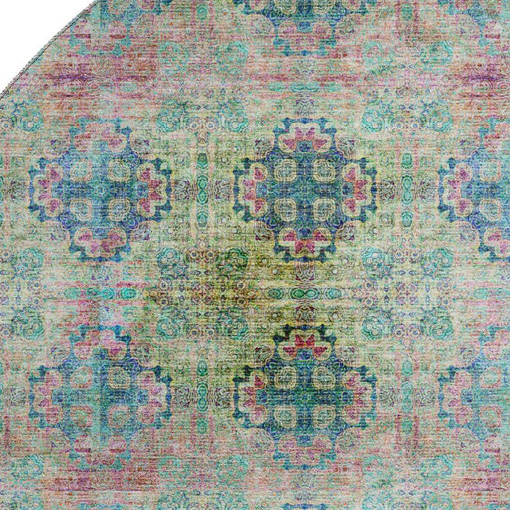 8' Green Blush And Teal Floral Medallion Distressed Washable Round Rug With UV Protection - HomeRoots - Flyclothing LLC