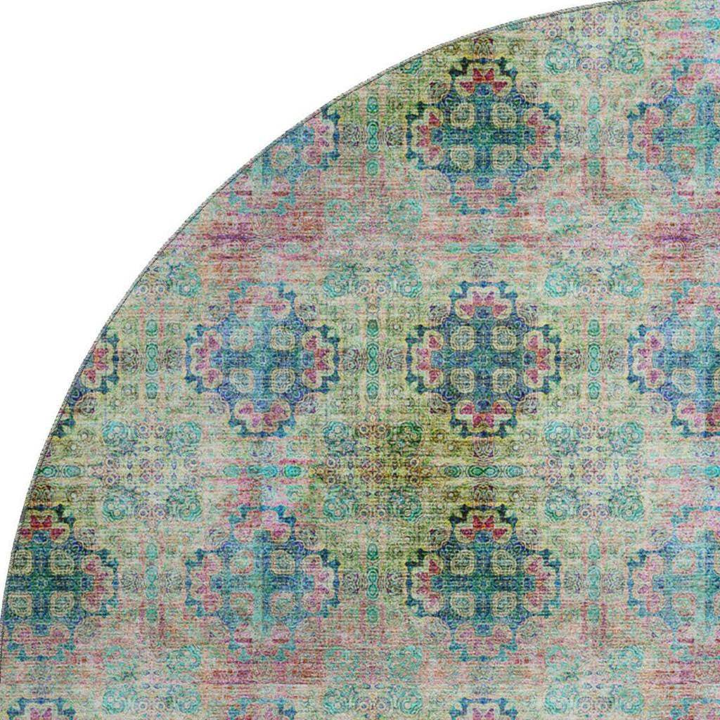8' Green Blush And Teal Floral Medallion Distressed Washable Round Rug With UV Protection - HomeRoots - Flyclothing LLC