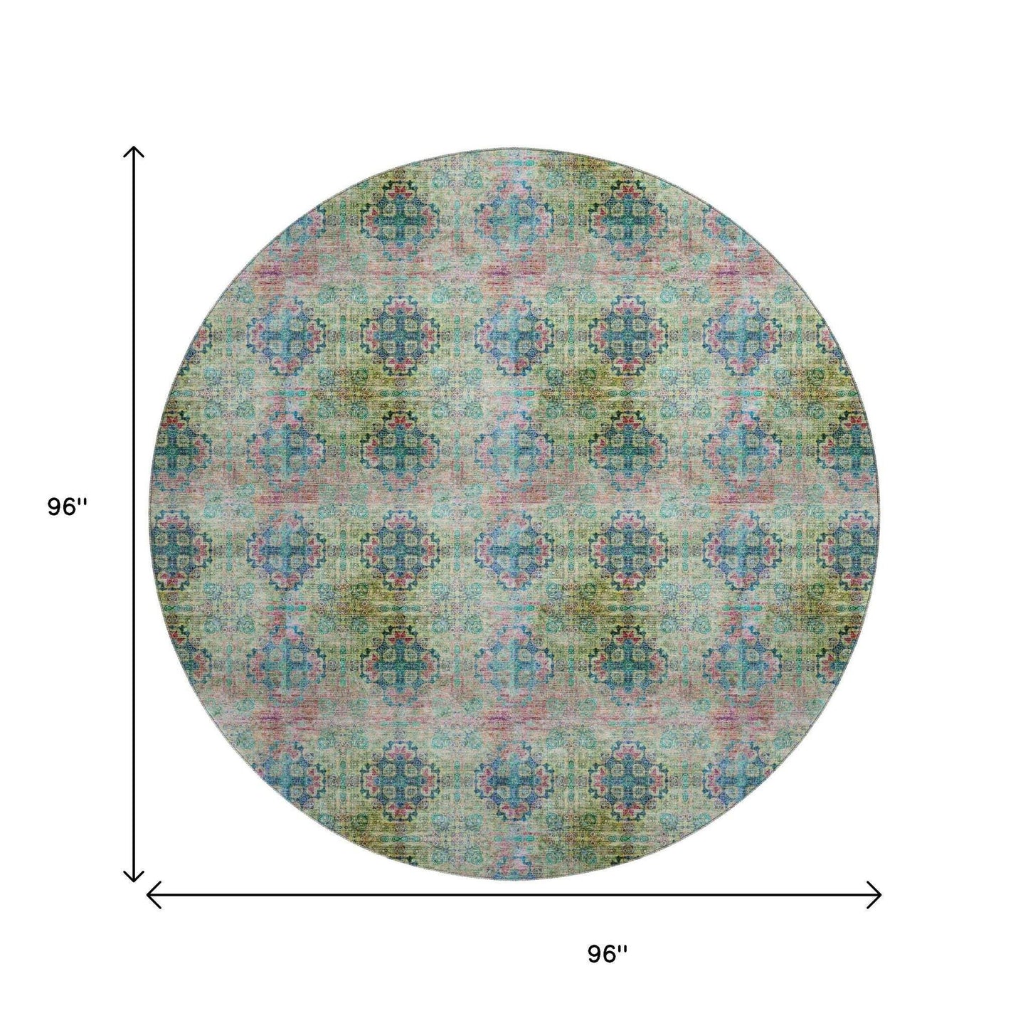8' Green Blush And Teal Floral Medallion Distressed Washable Round Rug With UV Protection - HomeRoots - Flyclothing LLC