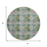 8' Green Blush And Teal Floral Medallion Distressed Washable Round Rug With UV Protection - HomeRoots - Flyclothing LLC