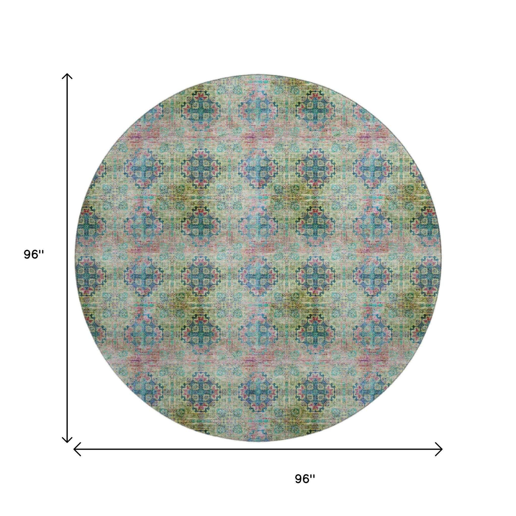 8' Green Blush And Teal Floral Medallion Distressed Washable Round Rug With UV Protection - HomeRoots - Flyclothing LLC
