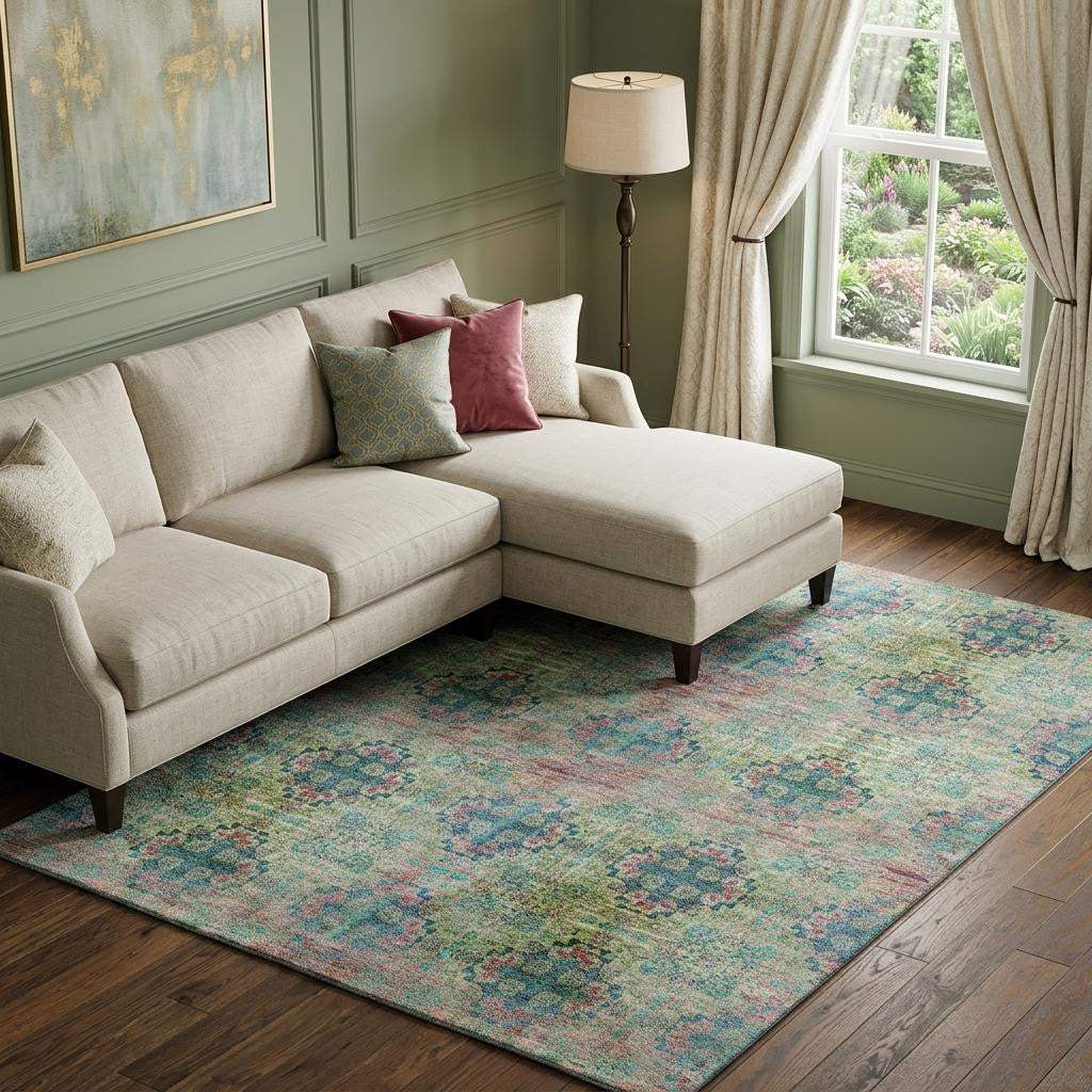 8' X 10' Green Blush And Teal Floral Medallion Distressed Washable Area Rug With UV Protection - HomeRoots - Flyclothing LLC