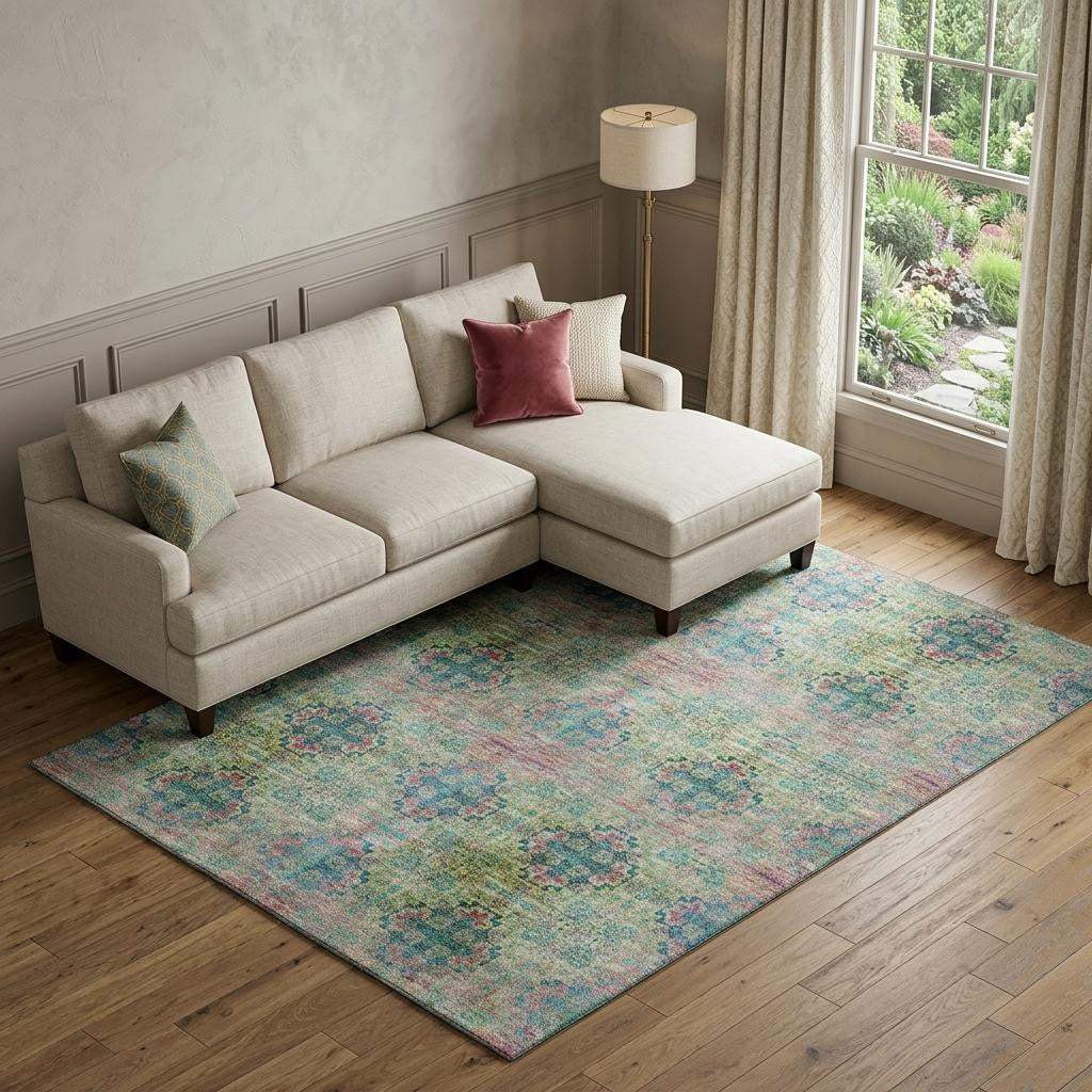 9' X 12' Green Blush And Teal Floral Medallion Distressed Washable Area Rug With UV Protection - HomeRoots - Flyclothing LLC