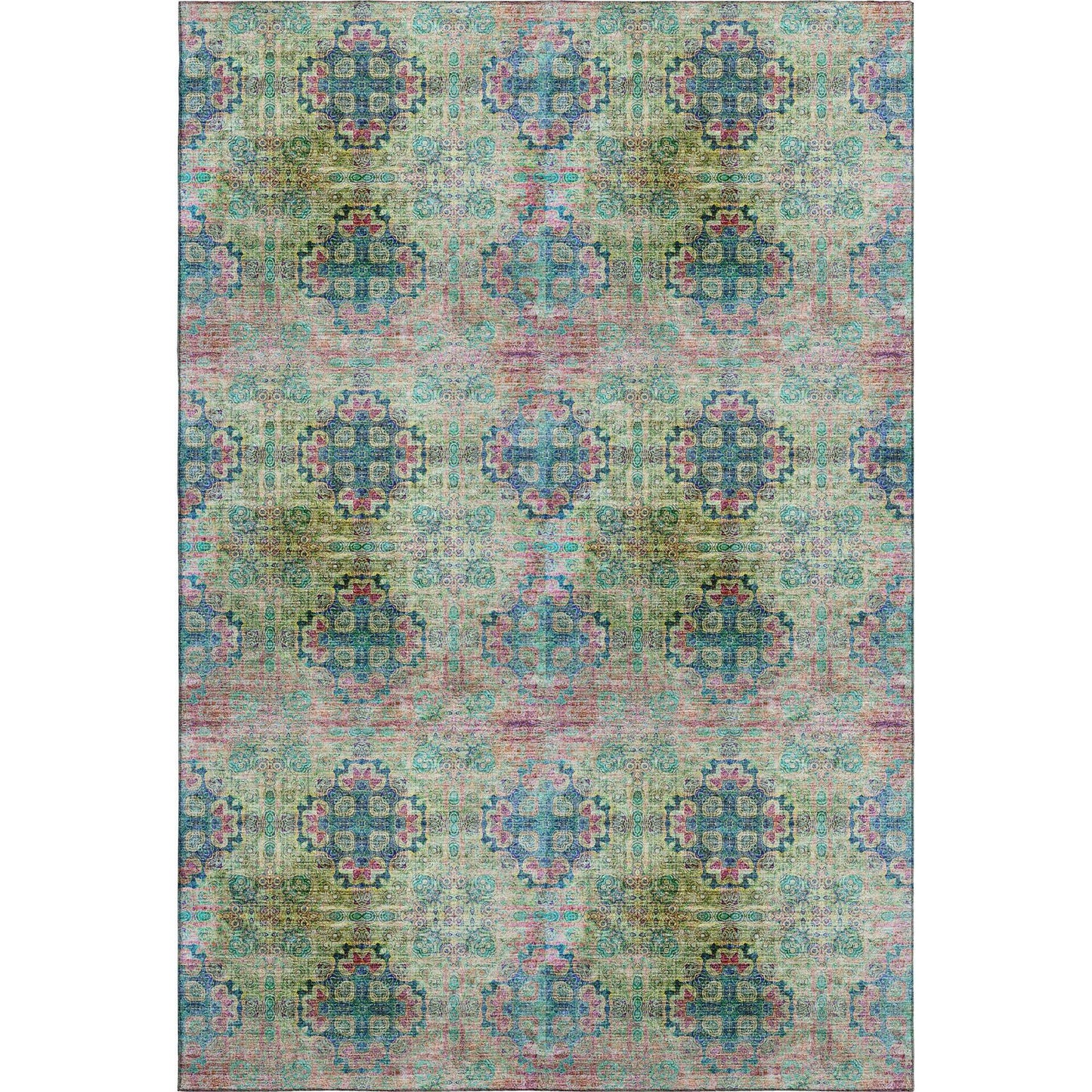 9' X 12' Green Blush And Teal Floral Medallion Distressed Washable Area Rug With UV Protection - HomeRoots - Flyclothing LLC