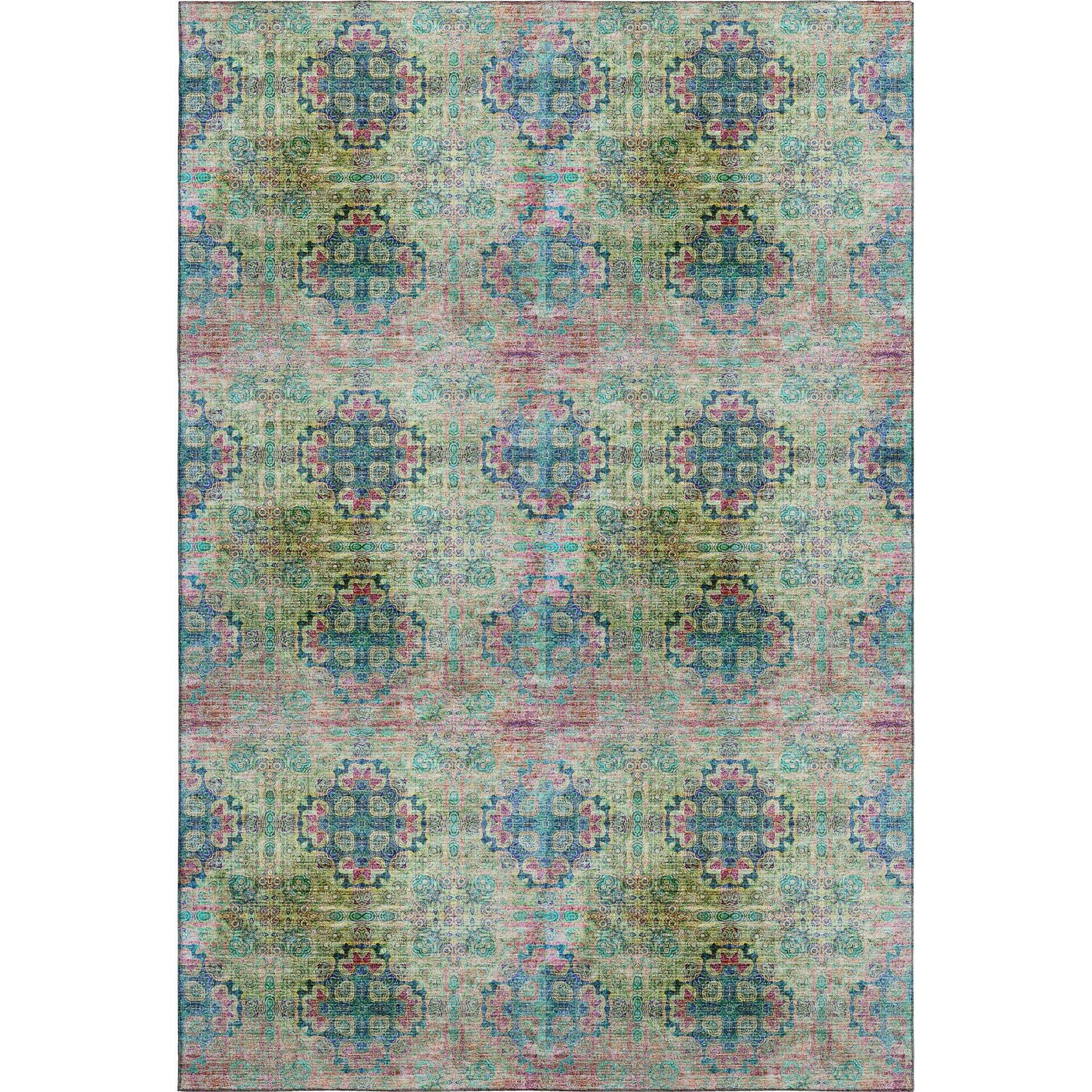 9' X 12' Green Blush And Teal Floral Medallion Distressed Washable Area Rug With UV Protection - HomeRoots - Flyclothing LLC
