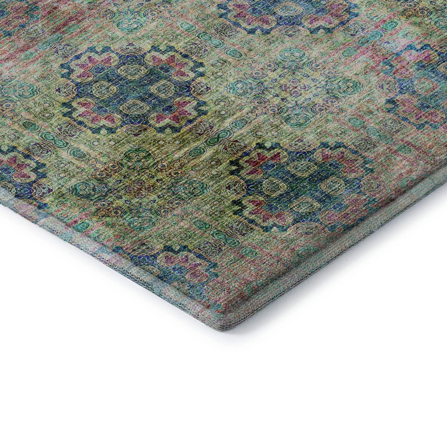 9' X 12' Green Blush And Teal Floral Medallion Distressed Washable Area Rug With UV Protection - HomeRoots - Flyclothing LLC