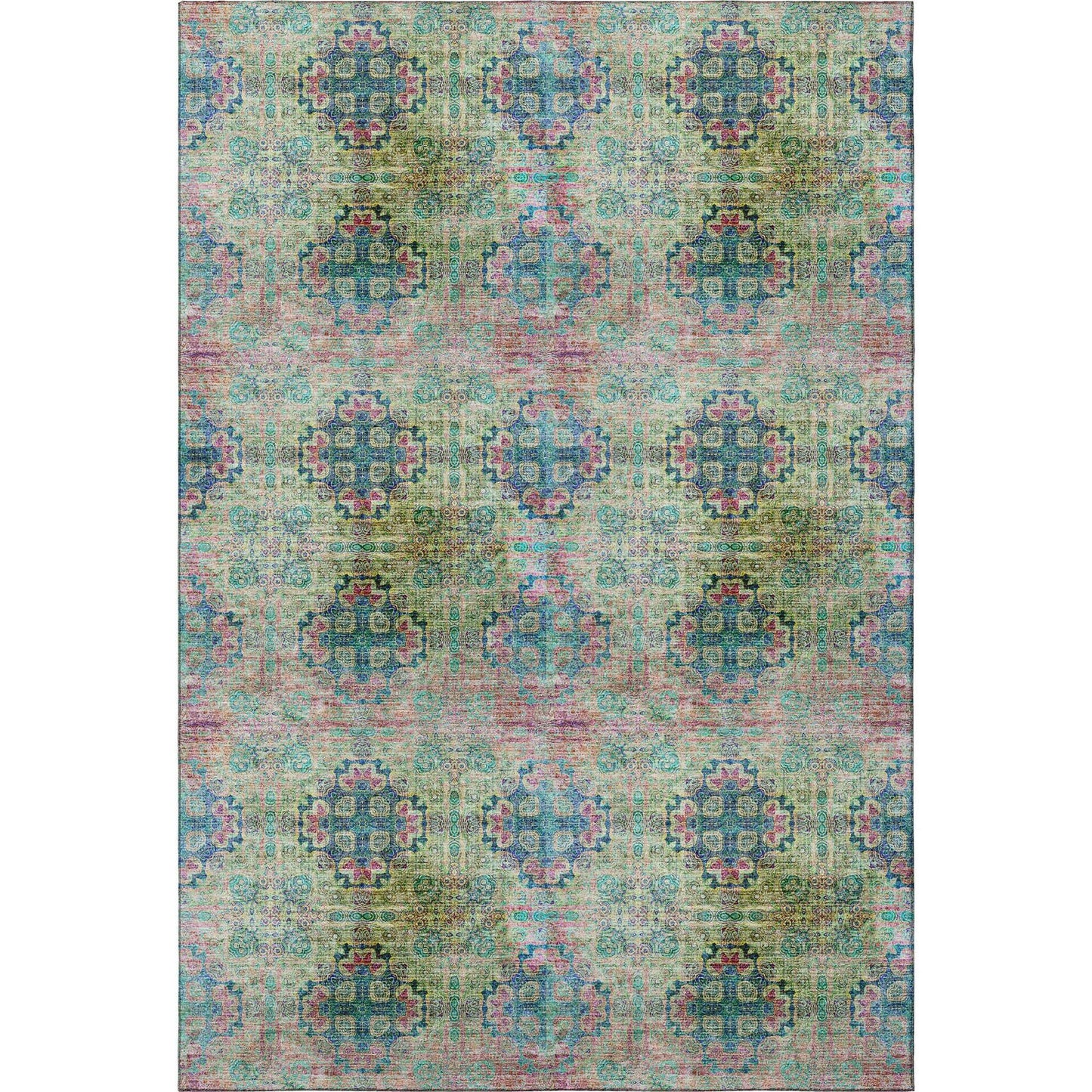 9' X 12' Green Blush And Teal Floral Medallion Distressed Washable Area Rug With UV Protection - HomeRoots - Flyclothing LLC