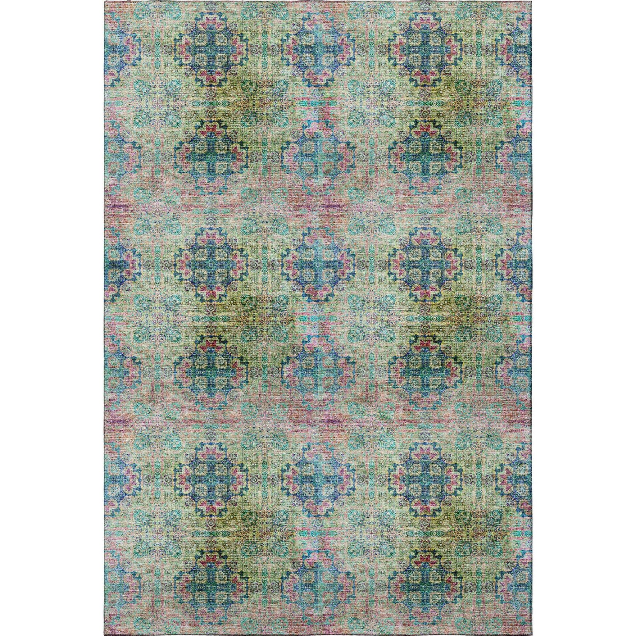 9' X 12' Green Blush And Teal Floral Medallion Distressed Washable Area Rug With UV Protection - HomeRoots - Flyclothing LLC