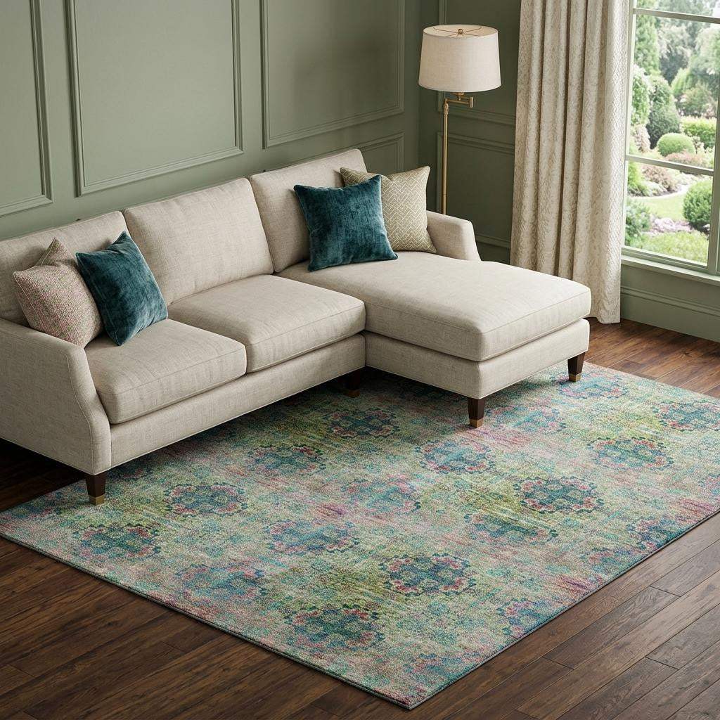10' X 14' Green Blush And Teal Floral Medallion Distressed Washable Area Rug With UV Protection - HomeRoots - Flyclothing LLC