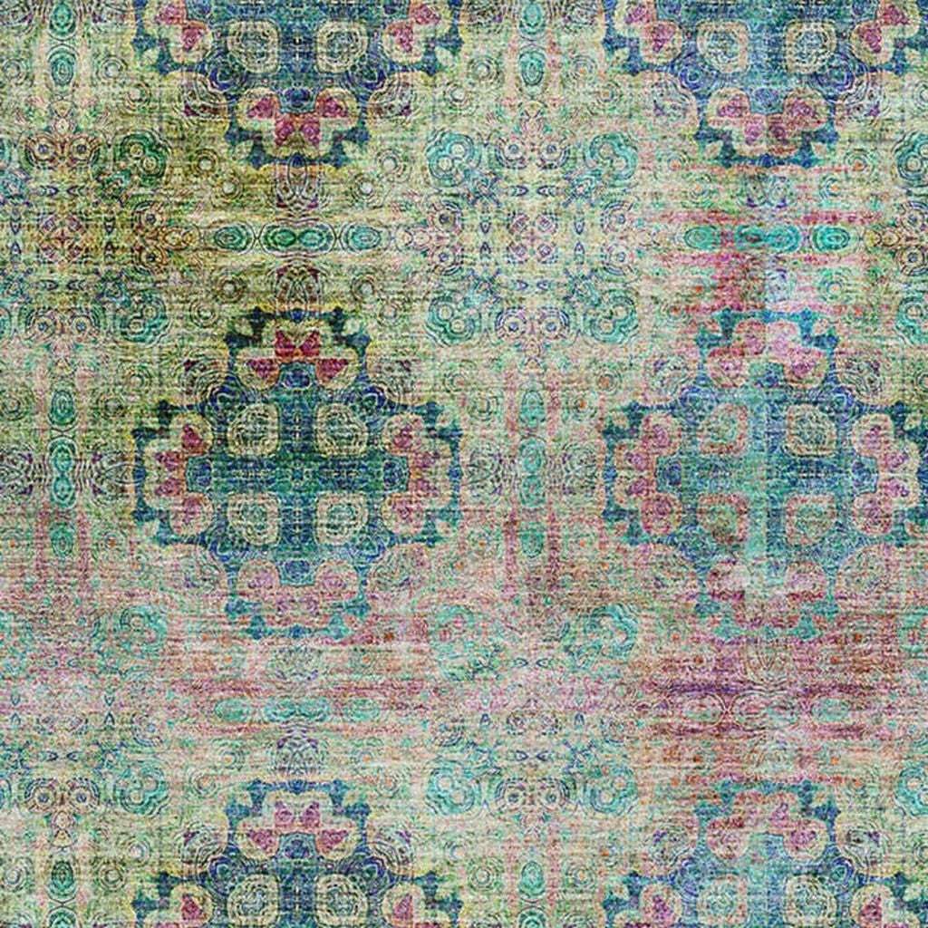 10' X 14' Green Blush And Teal Floral Medallion Distressed Washable Area Rug With UV Protection - HomeRoots - Flyclothing LLC