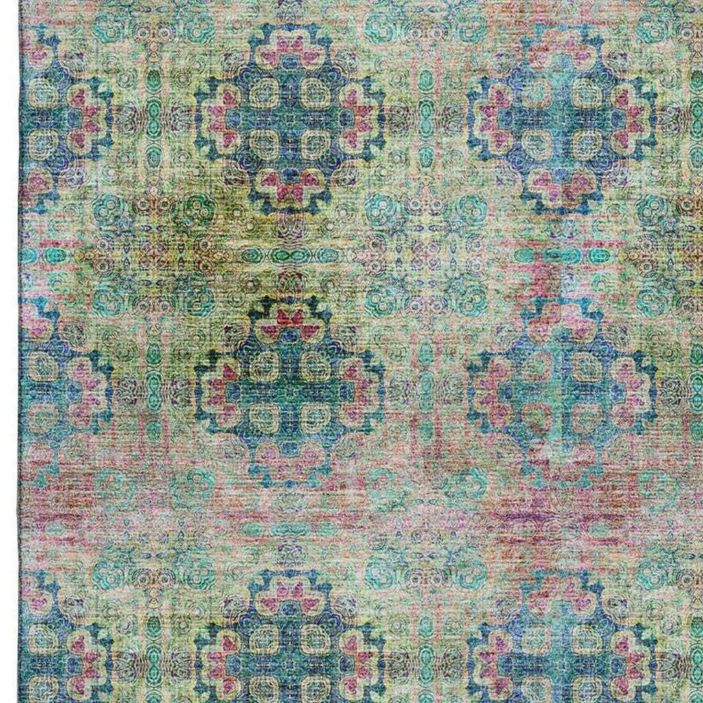 10' X 14' Green Blush And Teal Floral Medallion Distressed Washable Area Rug With UV Protection - HomeRoots - Flyclothing LLC