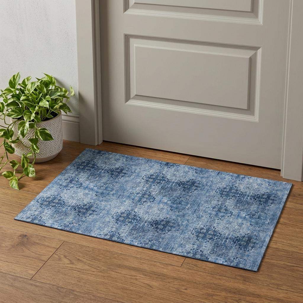 3' X 5' Navy Blue And Ivory Floral Medallion Distressed Washable Area Rug With UV Protection - HomeRoots - Flyclothing LLC