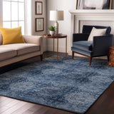 5' X 8' Navy Blue And Ivory Floral Medallion Distressed Washable Area Rug With UV Protection - HomeRoots - Flyclothing LLC