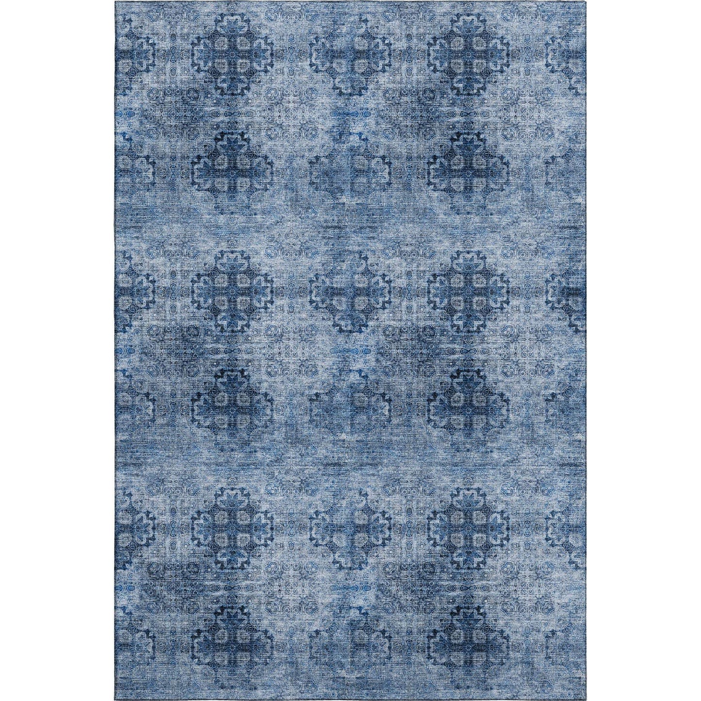 5' X 8' Navy Blue And Ivory Floral Medallion Distressed Washable Area Rug With UV Protection - HomeRoots - Flyclothing LLC