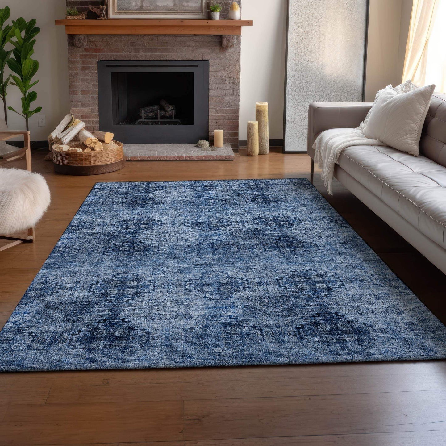 5' X 8' Navy Blue And Ivory Floral Medallion Distressed Washable Area Rug With UV Protection - HomeRoots - Flyclothing LLC