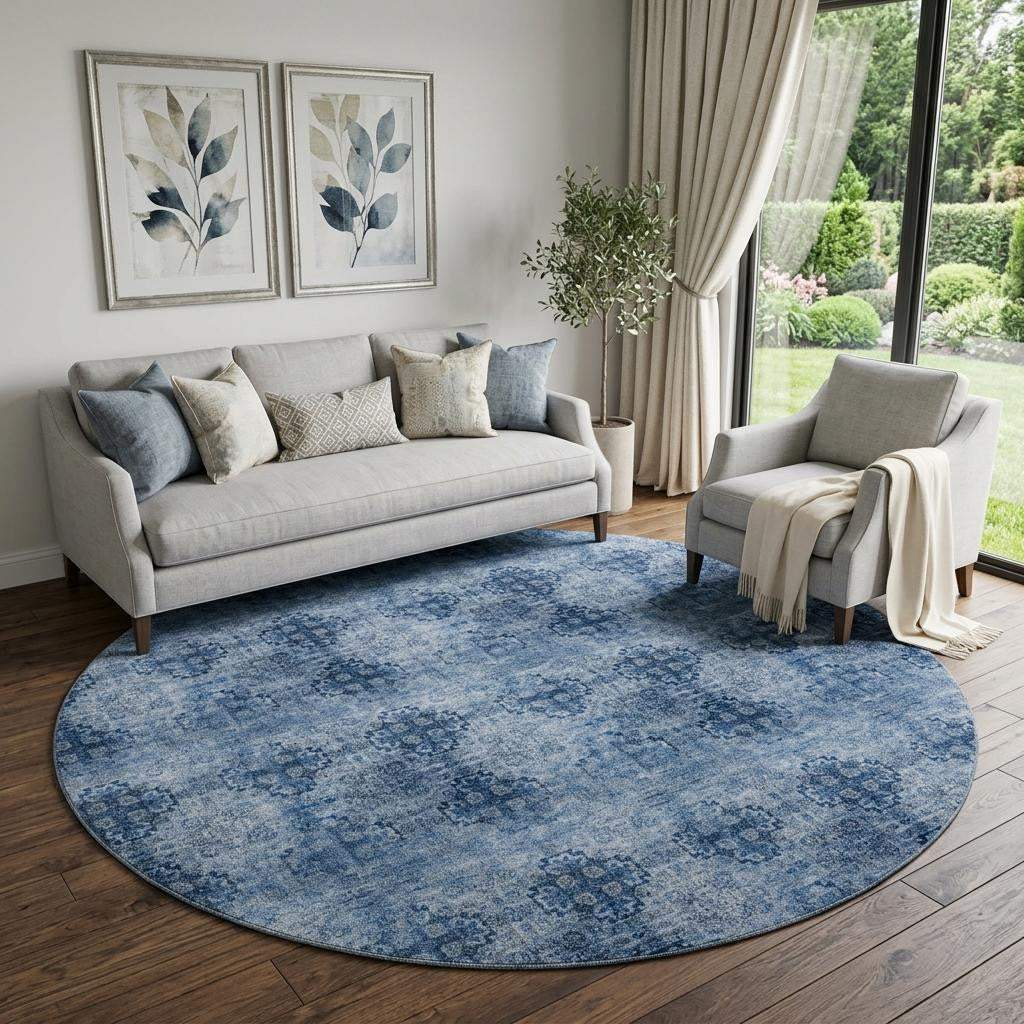 8' Navy Blue And Ivory Floral Medallion Distressed Washable Round Rug With UV Protection - HomeRoots - Flyclothing LLC