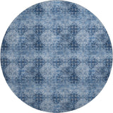 8' Navy Blue And Ivory Floral Medallion Distressed Washable Round Rug With UV Protection - HomeRoots - Flyclothing LLC