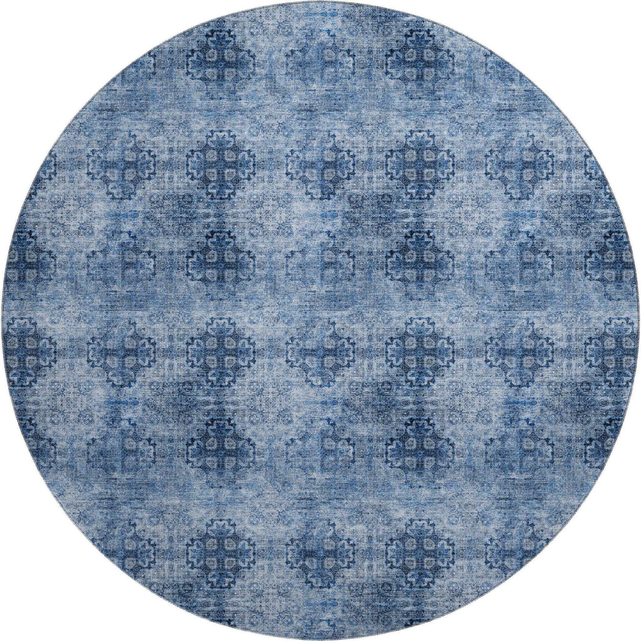 8' Navy Blue And Ivory Floral Medallion Distressed Washable Round Rug With UV Protection - HomeRoots - Flyclothing LLC