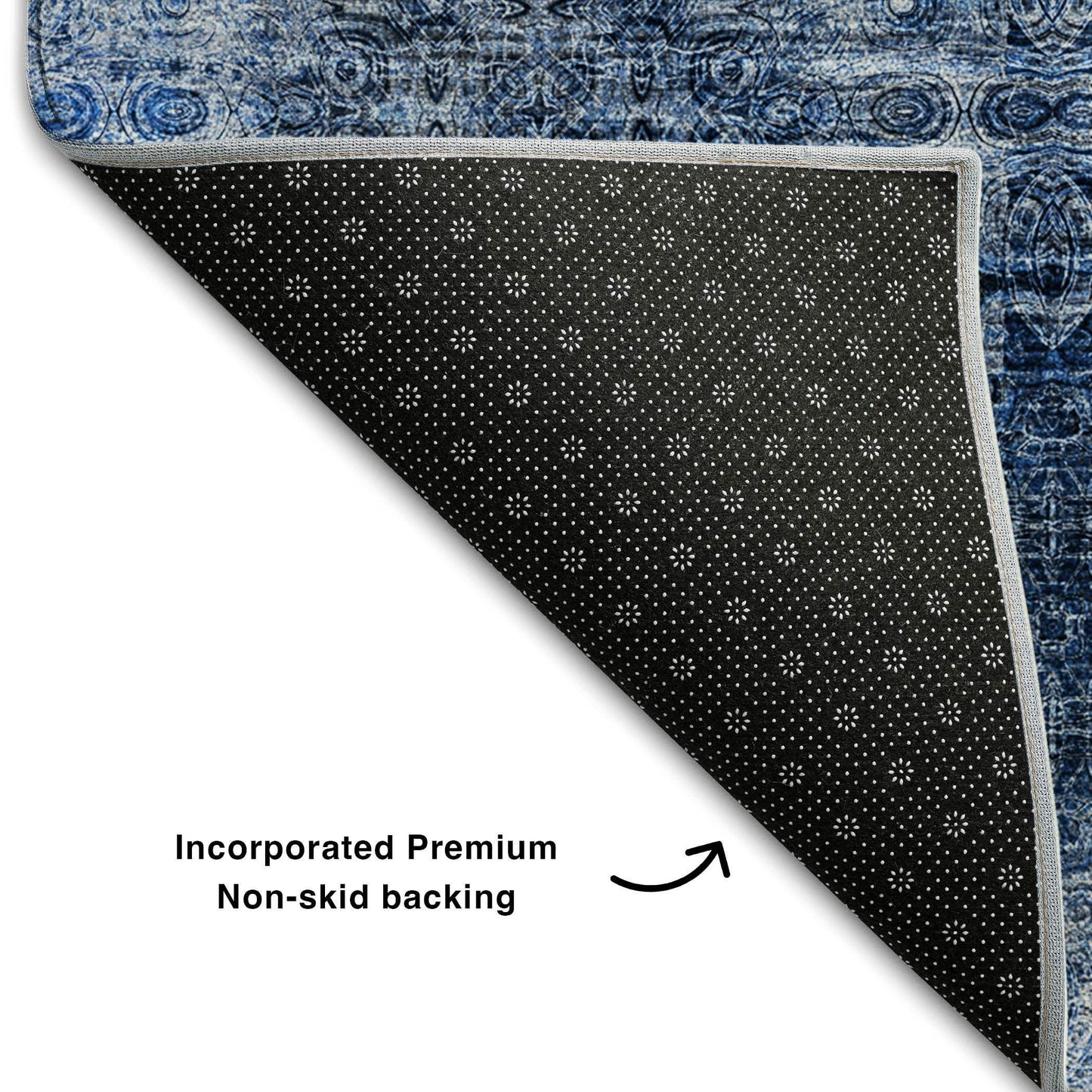 8' Navy Blue And Ivory Floral Medallion Distressed Washable Round Rug With UV Protection - HomeRoots - Flyclothing LLC