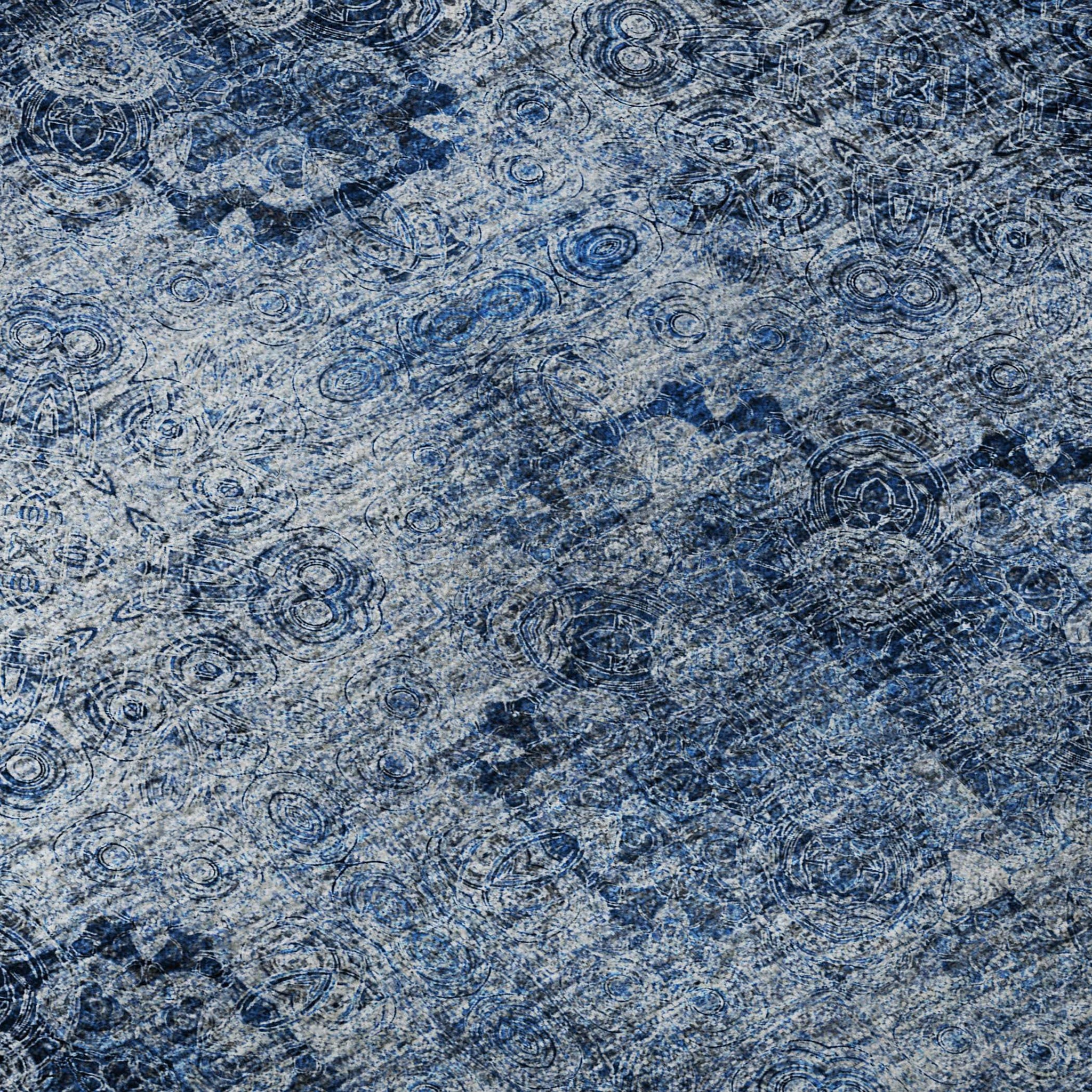 8' Navy Blue And Ivory Floral Medallion Distressed Washable Round Rug With UV Protection - HomeRoots - Flyclothing LLC