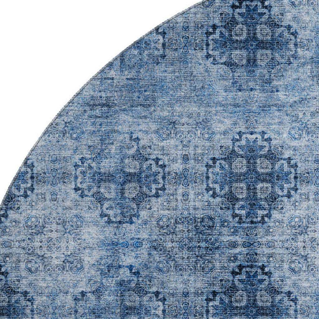 8' Navy Blue And Ivory Floral Medallion Distressed Washable Round Rug With UV Protection - HomeRoots - Flyclothing LLC